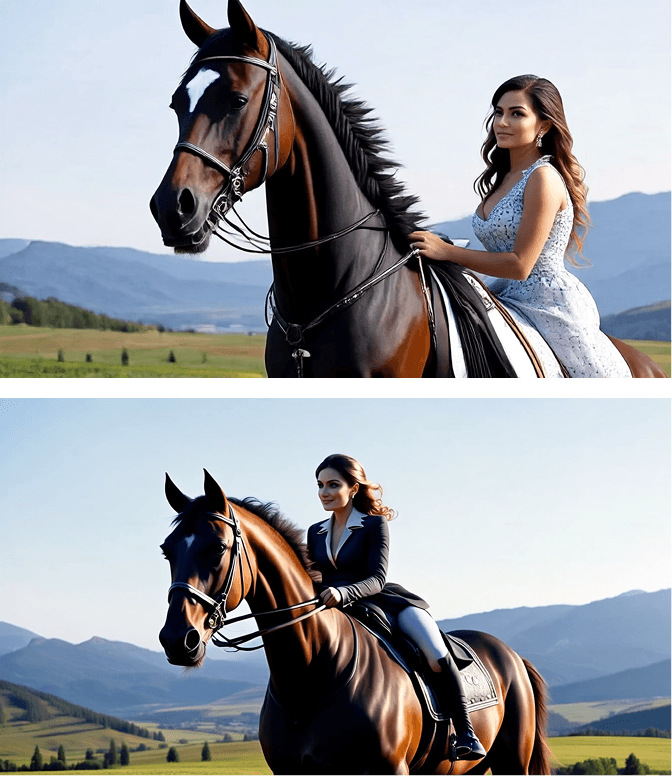 “A woman with a gentle expression and flowing hair sits elegantly on a majestic horse, set against a serene landscape with rolling hills and a clear sky, cinematic, dramatic, equestrian, nostalgic.”