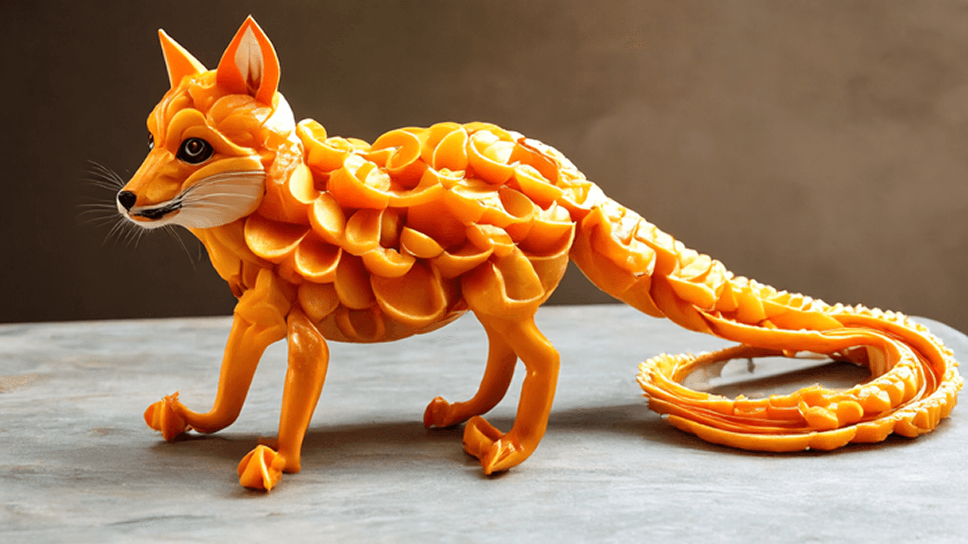 “A delicate, orange-hued fox formed from intricately arranged sliced persimmons, its slender body and legs crafted from the curved fruit, with a tail that elegantly curls into a swirling pattern of peeled clementine segments, set against a muted, earthy background, warm light, organic, still life, fruit sculpture, culinary art.”