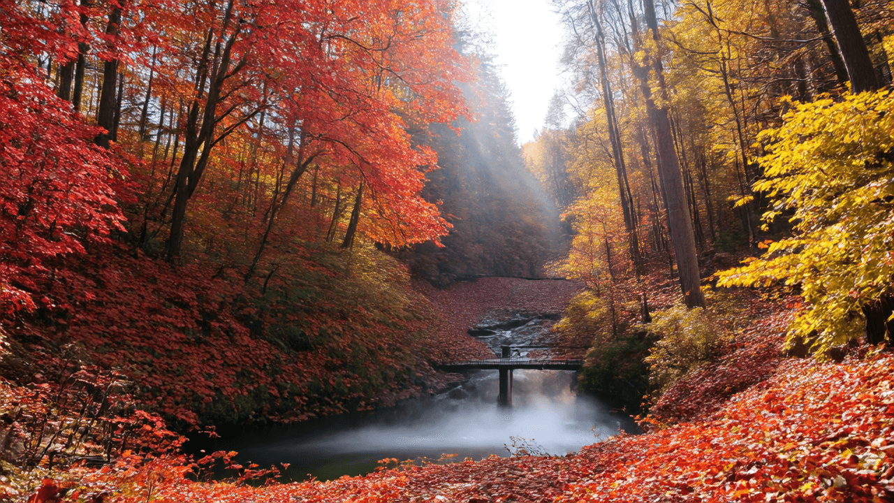 “A dense autumn forest glows with fiery hues of red, orange, and gold. Fallen leaves blanket the forest floor, while shafts of golden sunlight filter through the canopy. A small wooden bridge spans a brook at the bottom of the valley, and mist curls upward from the water into the crisp morning air.”