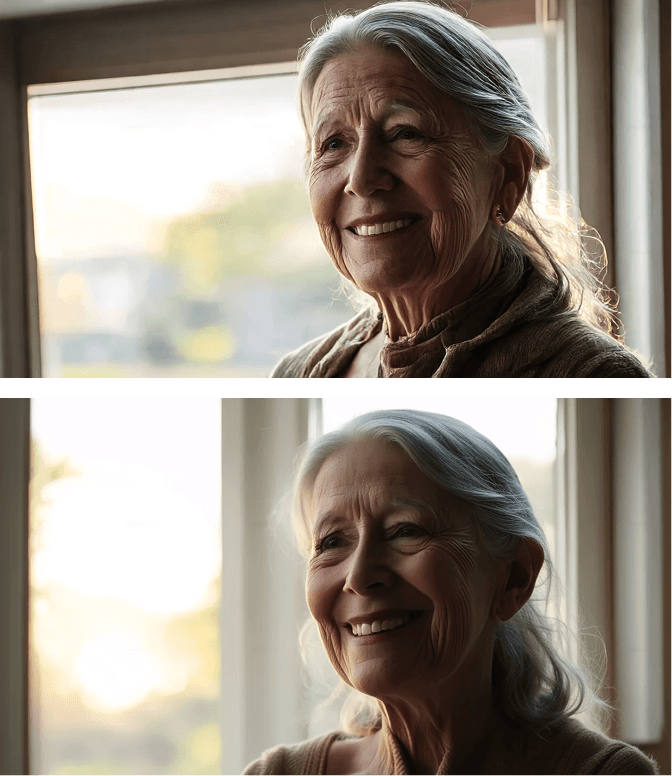 “A close-up of an elderly woman with silver hair pulled back loosely, her gentle smile illuminated by diffused window light, the soft interior behind her fading into creamy blur, the warmth of afternoon sun giving her face a timeless glow, nostalgic, tender, emotional, serene.”