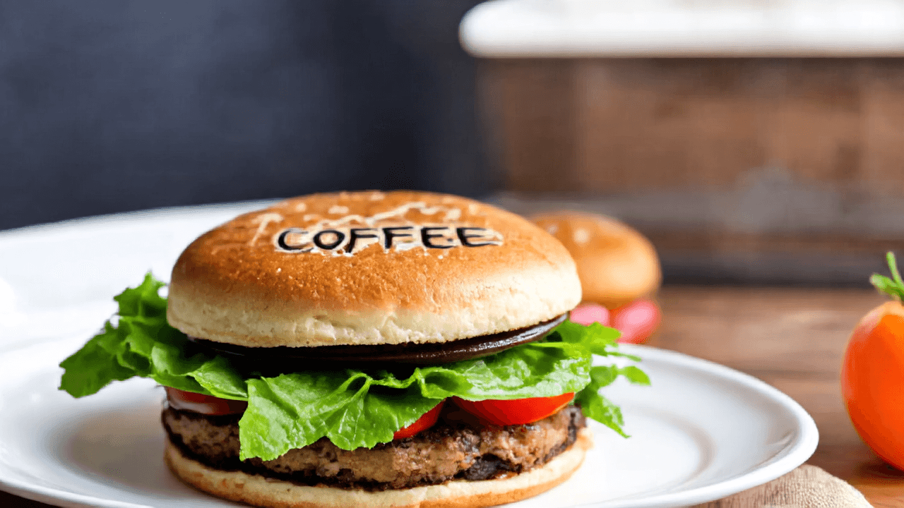 “Zooming into a burger patty, with the bottom bun and lettuce and tomatoes. 'COFFEE' written on it bun.”