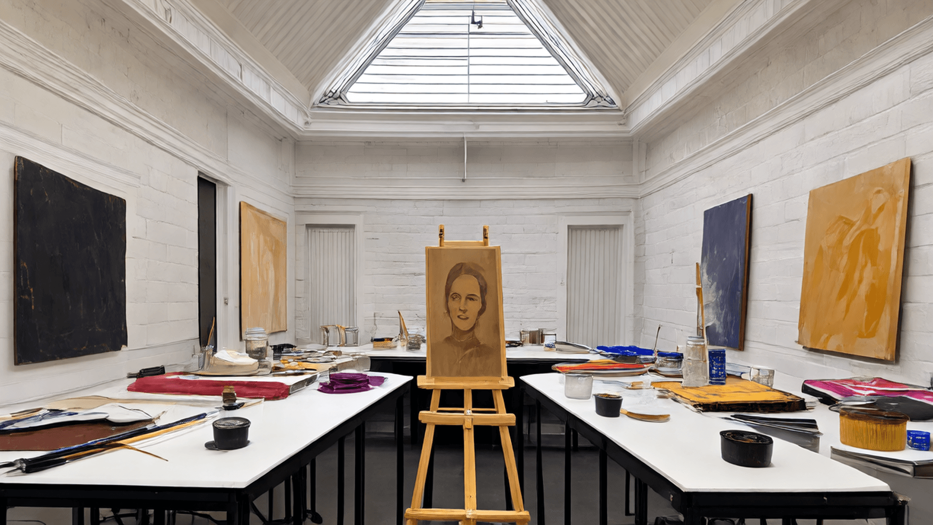 “Inside a spacious art studio with high ceilings and whitewashed brick walls, canvases lean against every surface, some half-finished with bold strokes of paint. Brushes, jars of turpentine, and palettes are scattered across tables, while a skylight above lets in soft daylight. An easel in the center holds a large portrait of a woman with unfinished features.”