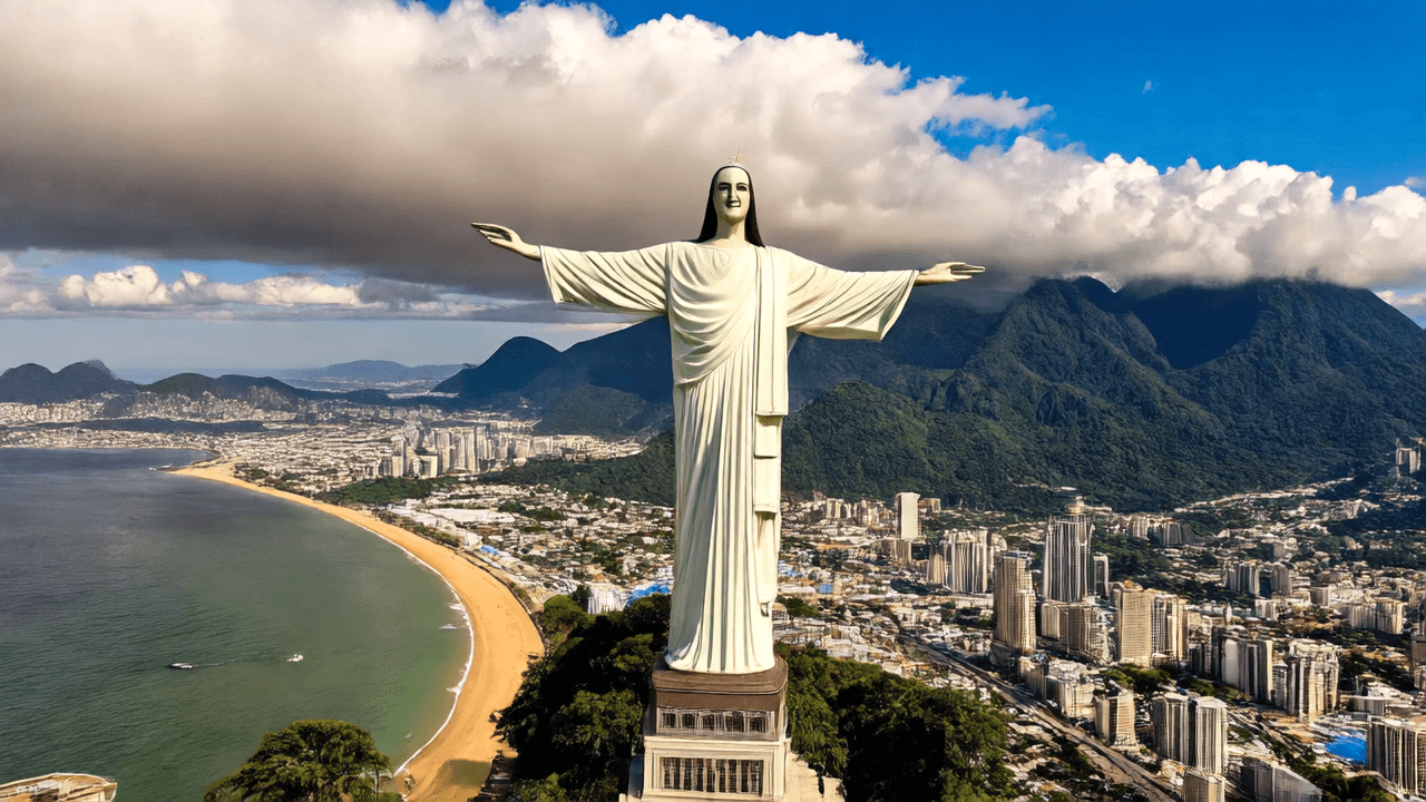 “The Christ the Redeemer statue towers over Rio de Janeiro, its arms spread wide above lush green mountains. The city sprawls far below, golden beaches curving around the bay, while clouds drift lazily across the blue sky behind the monument.”