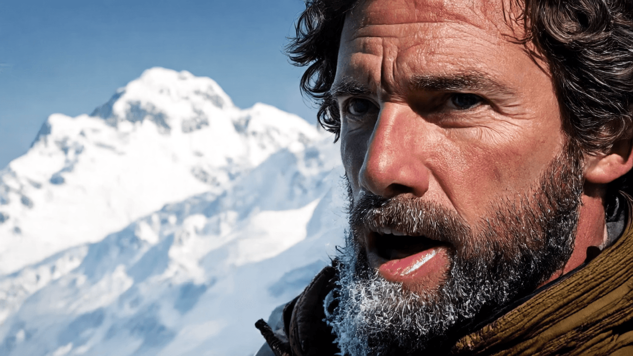 “A close-up portrait of a rugged mountaineer with wind-burned cheeks and frost clinging to his beard, his breath visible in the cold air, the snow-covered peaks behind him merging into pale, icy blur, harsh yet beautiful, atmospheric, stark, heroic.”