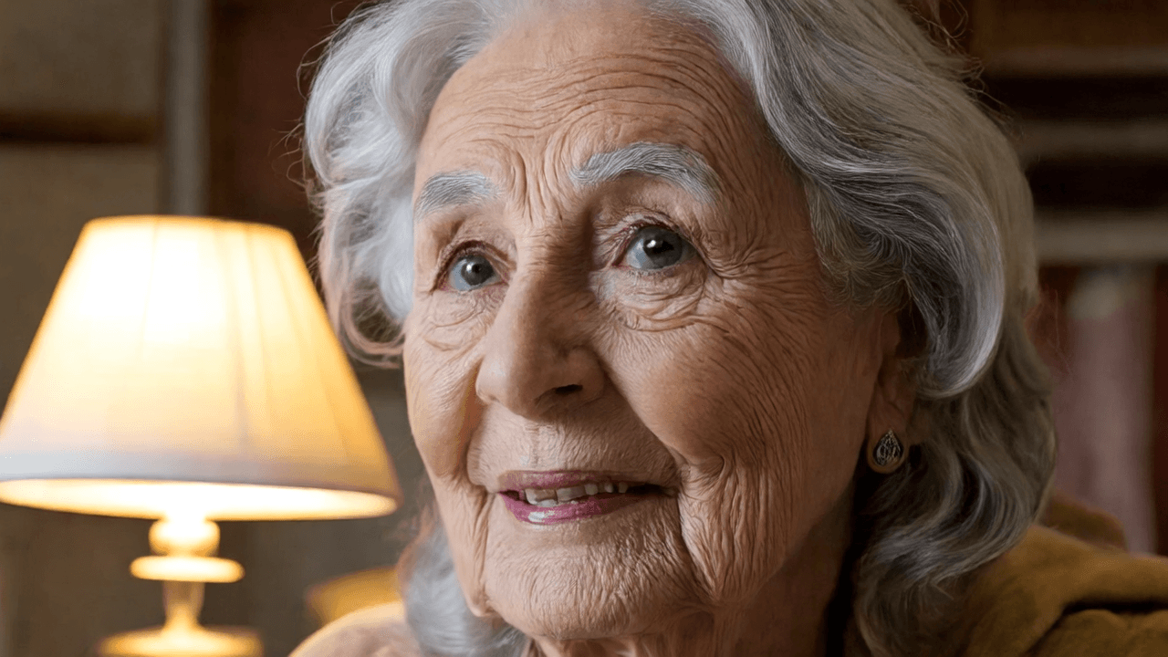 “A close-up of an elderly woman with soft silver hair, gentle wrinkles, and kind eyes glistening under warm lamp light, each line on her face sharply defined yet tender, the cozy interior behind her fading into velvety blur, nostalgic, intimate, heartfelt.”