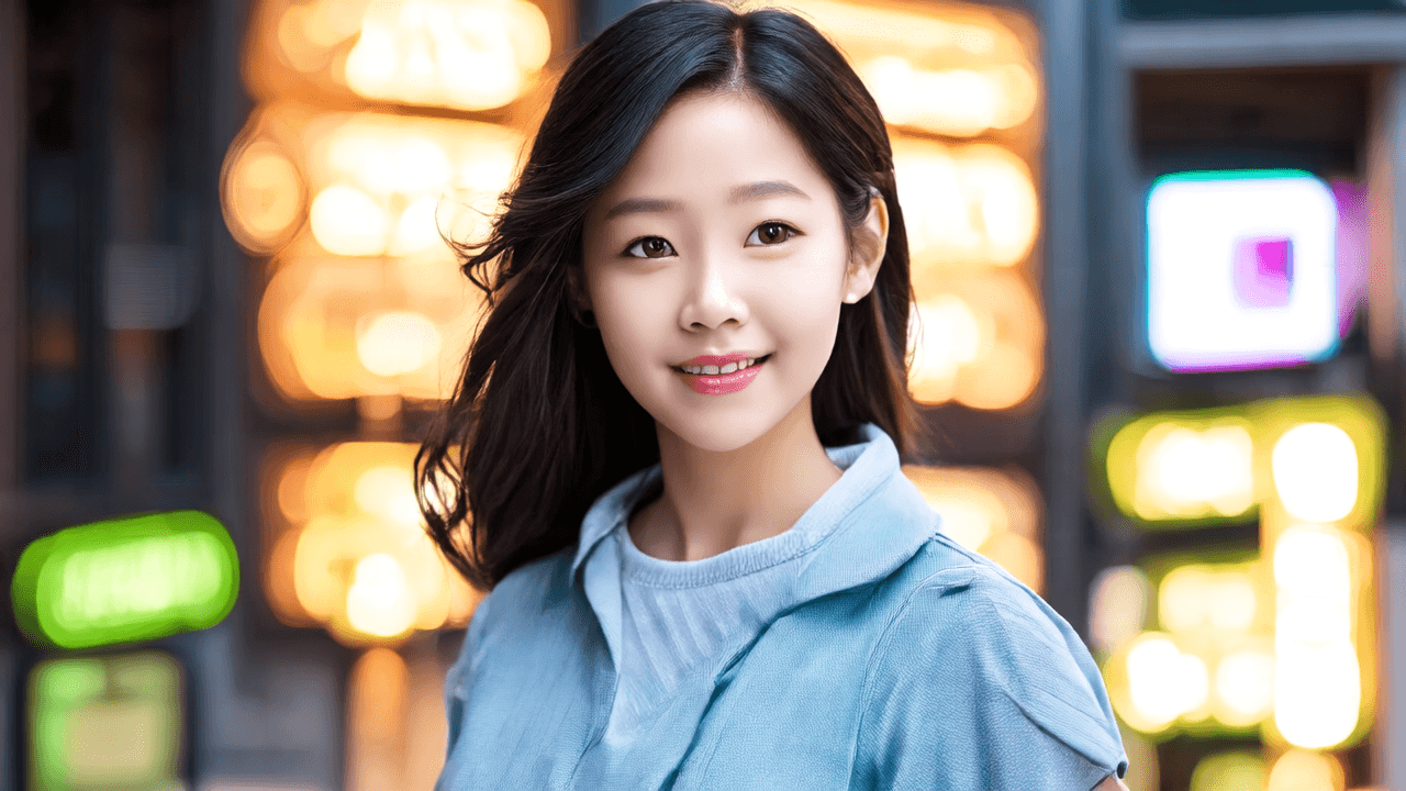 “Portrait off-shot of a super cute 22-year-old Korean college student walking past glowing storefront signs, professional composition. Her silky black hair sways gently as she turns her head slightly, catching soft white light across her features. Beautiful blurred neon city background, hyper quality, 8K, detailed face, smooth tones, noise reduction.”