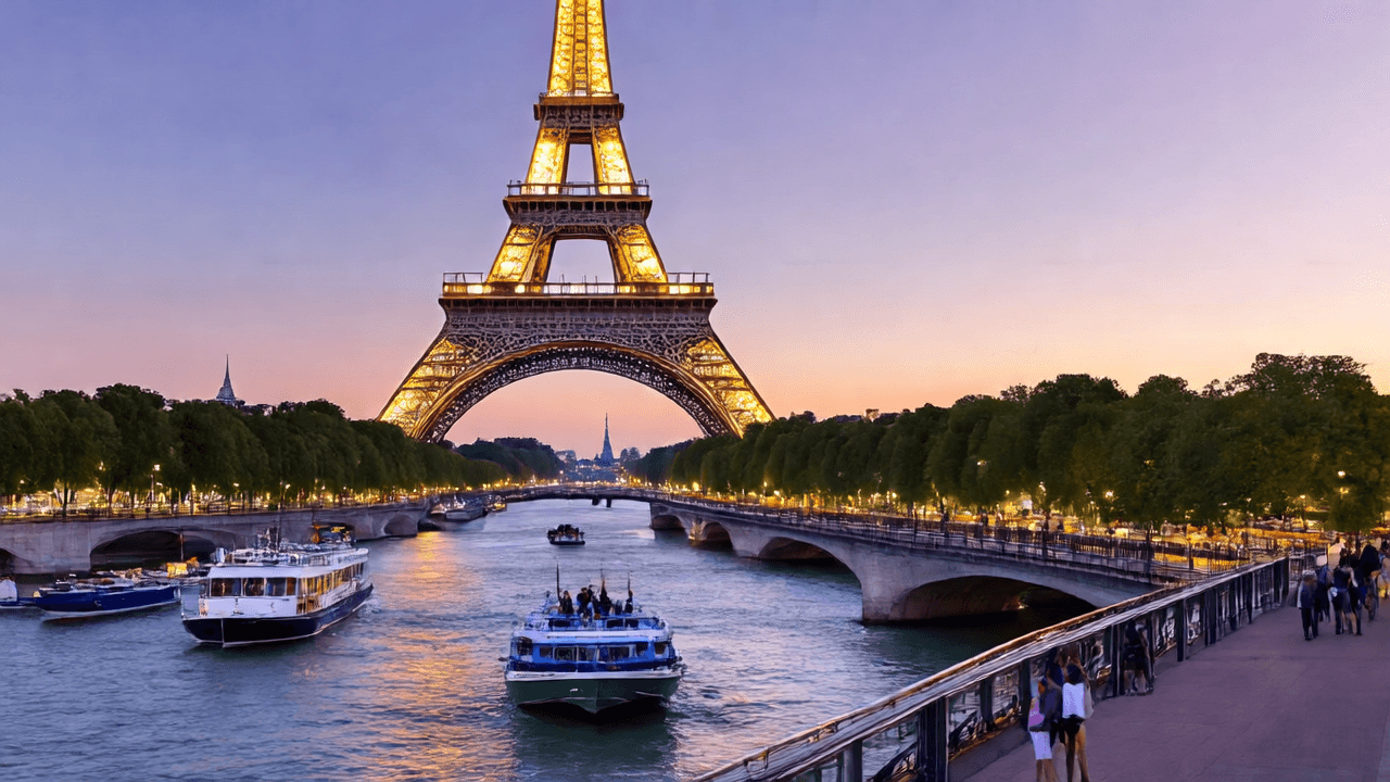 “The Eiffel Tower rises majestically above Paris at dusk, its iron lattice glowing with thousands of golden lights. Along the Seine below, boats drift past tree-lined banks, while couples stroll across a nearby bridge under a lavender sky streaked with fading sunlight.”