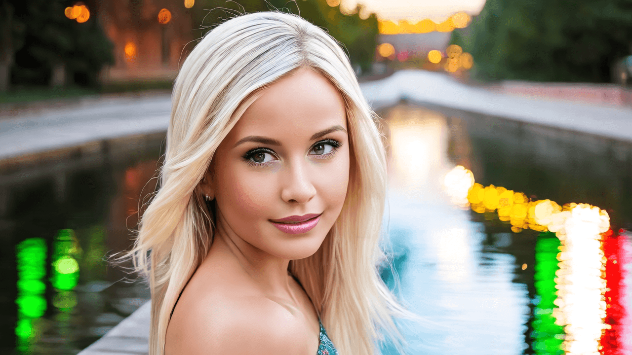 “Portrait off-shot of a gorgeous 23-year-old Russian girl with platinum blonde hair, walking along a riverside path lit by colorful reflections. Her face is softly illuminated by passing lights. Professional 8K photo, elegant skin tones, cinematic blur.”
