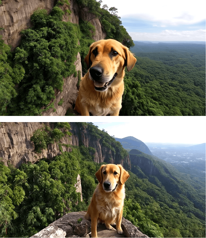 “Drone footage of a close-up of a golden retriever perched on a cliff face with a lush jungle canopy below. The scene is bright and stunningly detailed. Dynamic shot, 35mm film.”
