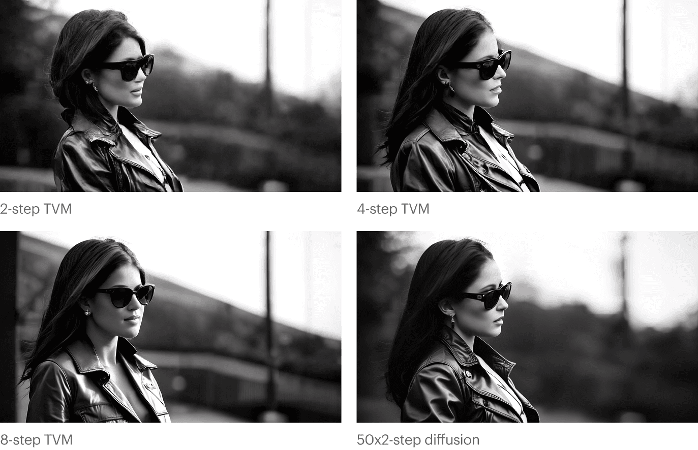 “A stunning female model stands outdoors, wearing a vintage leather jacket and sunglasses, with the camera positioned at her eye level, capturing her confident gaze, soft natural light, subtle lens blur, and a muted color palette, film noir, monochrome, high contrast, atmospheric lighting.”