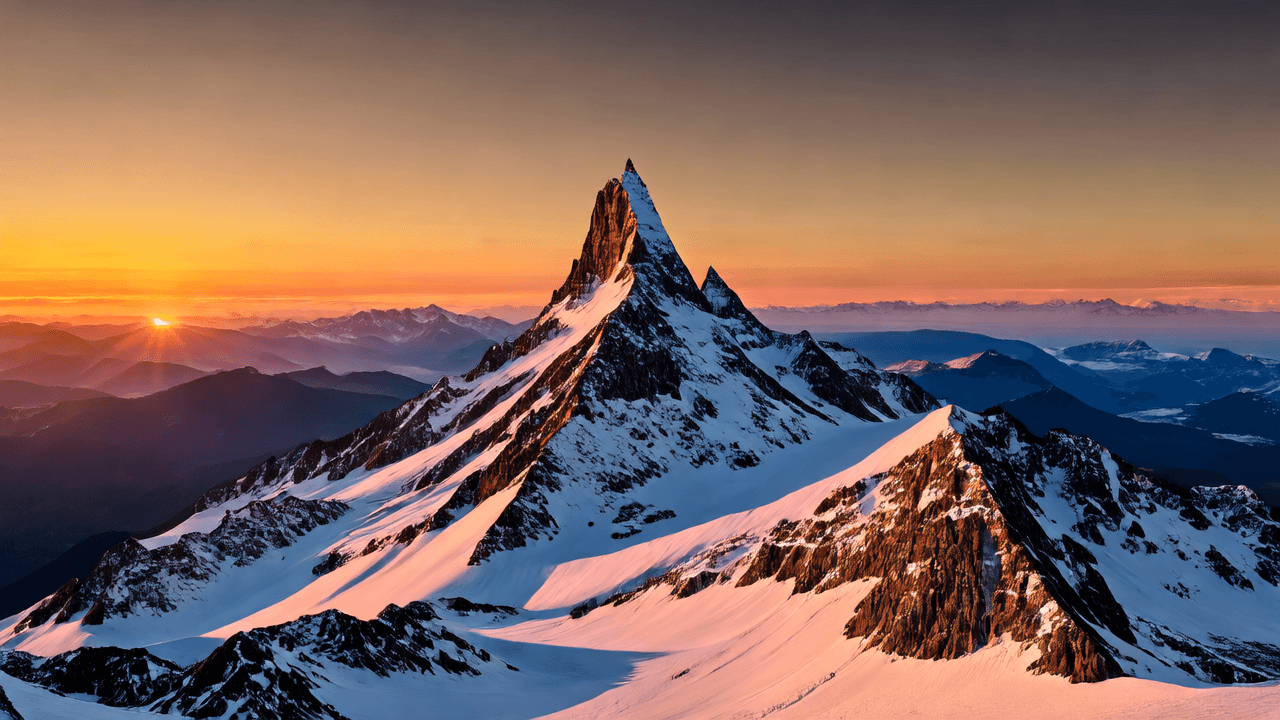 “A majestic 360 rotating panorama of the Matterhorn's peak, bathed in the warm, golden hues of sunset. The sky transitions from a vibrant orange to a soft pink, hinting at the approach of twilight. Craggy, snow-capped surfaces of the mountain are accentuated by the setting sun's rays, which cast a glowing aura and elongate shadows that add depth to the terrain. The serene mood is evident as the tranquil setting exudes a sense of stillness and grandeur. The style mirrors that of a hyper-realistic landscape painting, with careful attention to the play of light and shadow painted with heavy brush strokes. The composition is balanced with the Matterhorn centered, and from a low camera angle, it towers over the viewer, emphasizing its monumental scale.”