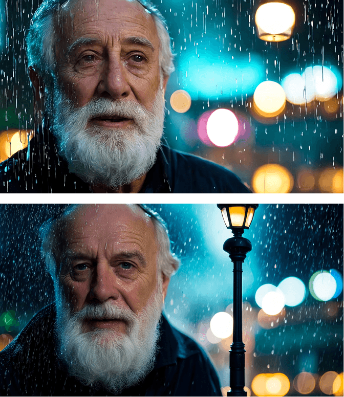 “A close-up of an older man with a soft white beard, his face illuminated by the cool glow of a streetlamp on a rainy night, raindrops catching on his eyelashes, the city lights behind him dissolving into colorful bokeh, reflective, moody, deeply atmospheric.”