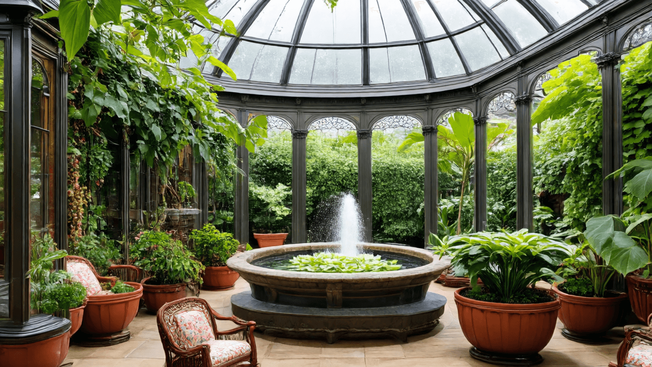 “A Victorian conservatory overflowing with exotic plants in ornate ceramic pots. Vines climb iron trellises, while a glass dome ceiling drips with condensation. In the corner, a fountain trickles into a stone basin filled with water lilies, surrounded by antique wicker chairs with embroidered cushions.”