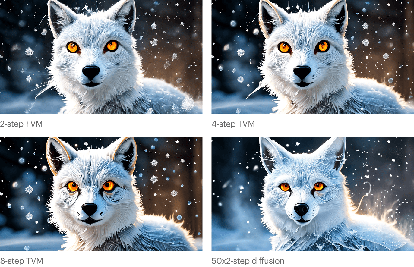 “Ultra-realistic portrait of a fox carved entirely from translucent ice, steam rising from its breath as it stares forward with glowing amber eyes frozen beneath the surface. Snowflakes swirl softly in the slightly blurred background. Crisp highlights, cold tones, intricate ice detailing, dramatic atmosphere.”