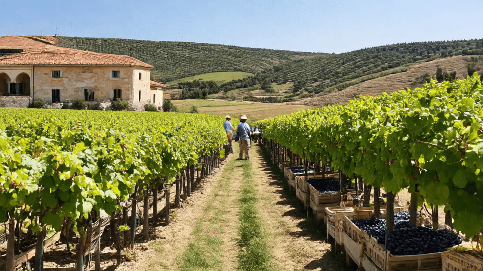 “A sunlit vineyard stretches across rolling hills, where rows of grapevines are heavy with ripe fruit. Workers in wide-brimmed hats move between the vines with baskets, clipping bunches of grapes and placing them carefully into wooden crates. In the distance, a stone villa with red-tiled roofs rises above the fields, while beyond it, olive trees line the ridges under a clear blue sky.”