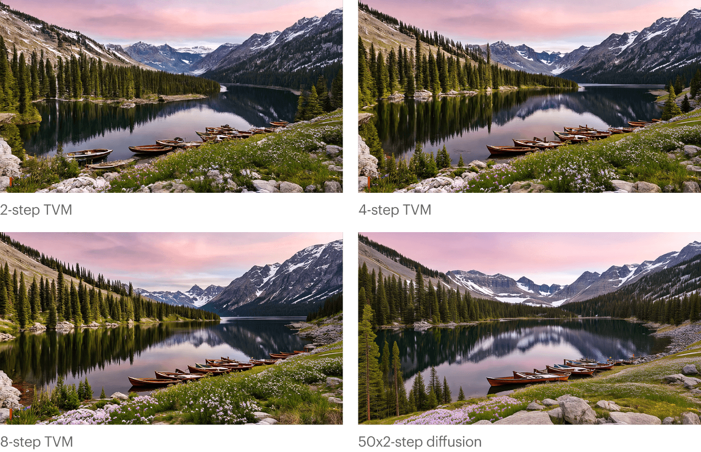 “The image depicts a serene alpine lake ringed by pine trees, its still surface reflecting the surrounding snow-dusted peaks. A cluster of wooden rowboats rests at a dock extending into the water, while patches of wildflowers bloom along the rocky shoreline. Overhead, the sky glows soft pink with the first light of dawn.”