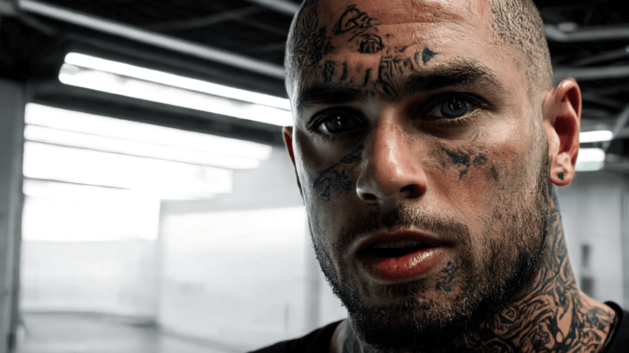 “A close-up of a tattooed man with a shaved head and piercing green eyes, illuminated by harsh overhead fluorescent light, every pore and scar ultra-visible, the industrial space behind him dissolving into stark monochrome blur, intense, raw, gritty.”