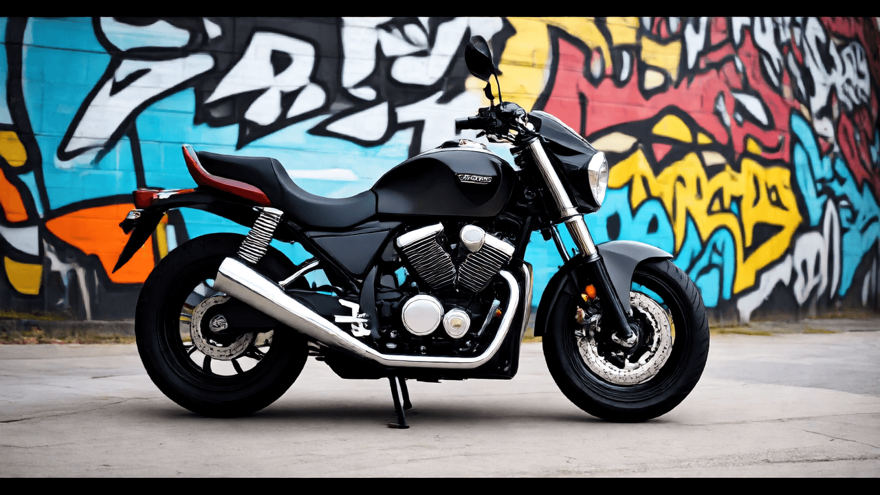 “A captivating shot of a sleek, black motorcycle parked against a graffiti-covered urban wall. The vibrant colors and chaotic patterns of the graffiti contrast sharply with the polished chrome and matte black finish of the motorcycle, creating a dynamic and edgy visual. The lighting is soft, with overcast daylight gently illuminating the scene, casting subtle reflections off the bike’s surface. The composition is slightly angled, focusing on the motorcycle’s silhouette against the vibrant backdrop, evoking a sense of rebellion and freedom.”