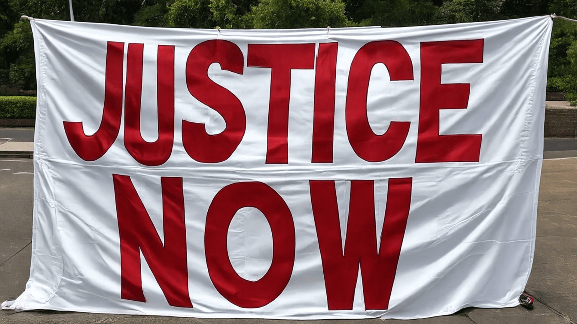 “A giant protest banner fills the entire scene, stretched taut and painted with huge red block letters reading ‘JUSTICE NOW.’ The fabric shows creases and weather stains, but the words remain vivid and forceful.”