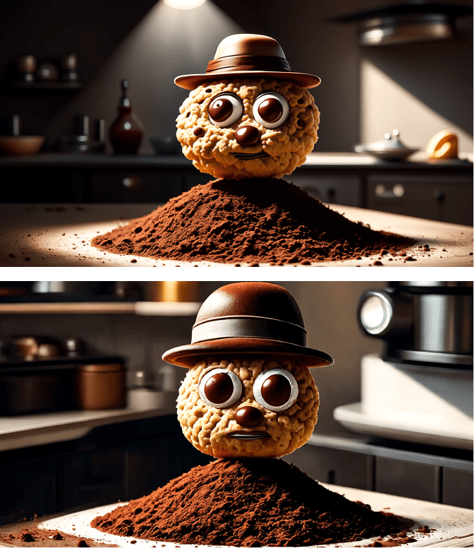 “Ultra-realistic portrait of a cookie with expressive chocolate chip eyes, wearing a tiny explorer's hat. The cookie stands on a mound of cocoa powder with dramatic shadows cast by a spotlight, while the kitchen background is softly blurred. Quirky, textured, rich contrast.”