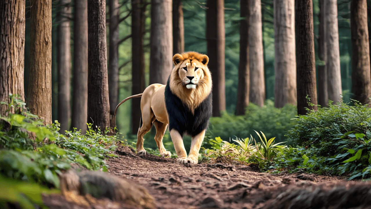 “A majestic male adult lion walks regally through a dense forest, its head raised slightly to the right. The forest is characterized by tall trees and various foliage on the ground, creating a natural habitat. The lion is centered in the composition, placed at eye level, and is illuminated by soft, diffused lighting, giving the scene a serene and tranquil atmosphere. The overall mood is majestic and tranquil, evoking a sense of calm and serenity. The title of this scene is ‘A lion in a forest’.”