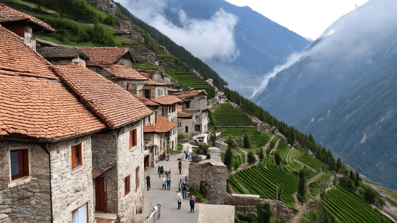 “The image depicts a remote mountain village built from stone cottages with red-tiled roofs, nestled along a narrow valley. Smoke rises gently from chimneys as villagers walk along cobblestone streets, and terraced fields climb the steep slopes around the settlement. The early morning mist creates a soft, hazy atmosphere.”