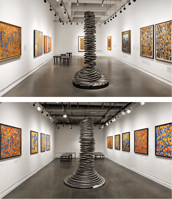 “A modern art gallery displays bold abstract paintings hung evenly along the white walls. A massive sculpture made of twisted metal rises from the center of the floor.”