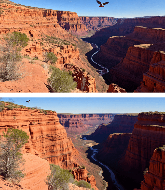 “A wide canyon landscape unfolds beneath a blazing afternoon sun, its layered red and orange cliffs towering over a winding river far below. Sparse shrubs cling to rocky ledges, and an eagle circles above the jagged ridges. Shadows stretch dramatically across the canyon floor, emphasizing the immensity of the scene.”