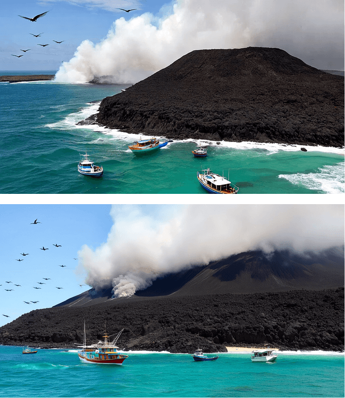 “A panoramic view of a volcanic island shows a plume of smoke rising dramatically from the crater, while black lava rock slopes meet turquoise ocean waves below. Small fishing boats float near the shore, their bright hulls contrasting with the rugged coastline, as seabirds wheel overhead in the humid tropical air.”